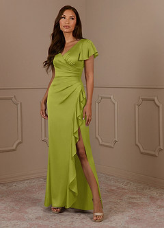 Azazie Roya Mère de la mariée Robes Robe Sirène en Satin extensible Col en V Plissé Citronnelle image1