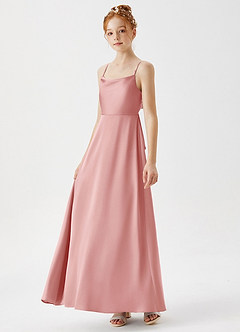 Azazie Shale Junior Robe Trapèze en Satin extensible Rose Poudré image2