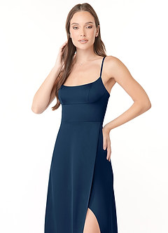 Azazie Halsey Bridesmaid Dresses Dark Navy Sheath Side Slit Stretch Satin Dress image6