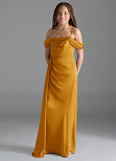 Azazie Amyra Junior Butterscotch Sheath Off the Shoulder Stretch Satin Dress image4