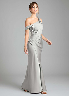 Azazie Madelyn Bridesmaid Dresses Silver Mermaid One Shoulder Stretch Satin Convertible Dress image5