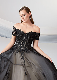 Azazie Rowe Wedding Dresses Black Champagne Ball-Gown Off the Shoulder Tulle Dress image11