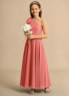 Azazie Guppy Girls Formal Blumenmädchenkleider A-Linie One-Shoulder Chiffon Kleid Lachsrosa image6