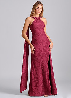 Azazie Kinsley Final Sale Burgundy Mermaid Pleated Floral Burnout Dress image4