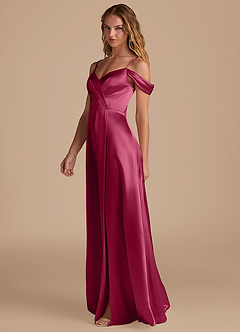 Azazie Ocean Robes de demoiselle d'honneur Robe Trapèze en Satiné métallisé Épaule décolletée Bourgogne image4