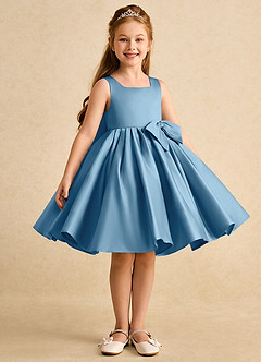 Azazie Jessie vestidos de niña de las flores Vestido de Azul Acero de Satin Mate de Corte En A con Lazo image3