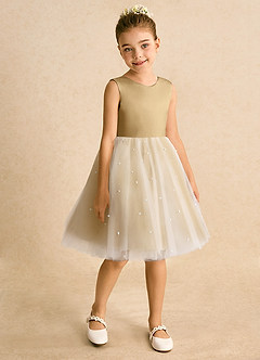 Azazie Esme Flower Girl Dresses Ivory Gold Ball-Gown Bow Tulle Dress image7