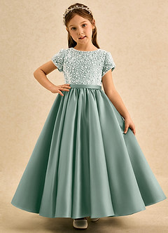 Azazie Cashew Flower Girl Dresses Silver Sage Ball-Gown with Sleeves Matte Satin Dress image2