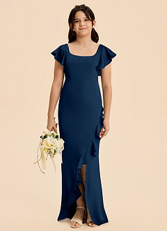 Azazie Demi Junior Vestido de Azul Marino Oscuro de Satén Elástico de Corte en A con Lazo image1