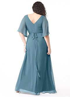 Azazie Cierra Brautjungfernkleider A-Linie V-Hals Chiffon Kleid Bermudablau image10