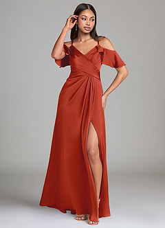 Azazie Dakota Bridesmaid Dresses Rust A-Line Off the Shoulder Stretch Satin Dress image4