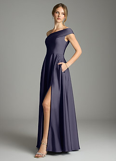 Azazie Melanie 신부 들러리 드레스 A라인 오프 더 숄더 스트레치 새틴 바닥 길이 드레스 image4