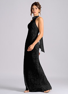 Azazie Velli Vestidos de damas de honor Vestido de Negro de Devorado Floral de Corte Sirena con Cuello Alto image3