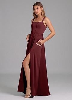 Azazie Rosaline Bridesmaid Dresses Cabernet A-Line Side Slit Stretch Satin Dress image5