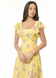 Azazie Bondi Robes de demoiselle d'honneur Robe Trapèze en Mousseline de soie Volant Sorbet Au Citron,Fleurs Du Nouvel An image6