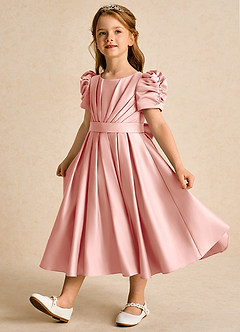 Azazie Miriam Blumenmädchenkleider Ballkleid Plissee Matte Satin Kleid Rosettenrosa image3