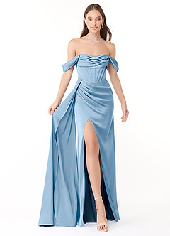 Azazie Amyra Jurken voor bruidsmeisjes Converteerbaar Jurk van Stretch Satijn met Zeemeermin Off the Shoulder Poederblauw image1