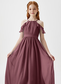 Azazie Chaya Junior Robe Trapèze en Mousseline de soie Épaule décolletée Sangria image1