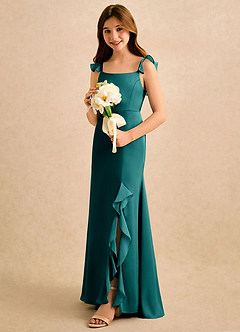 Azazie Novalie Girls Formal Flower Girl Dresses Peacock Mermaid Bow Stretch Satin Dress image2