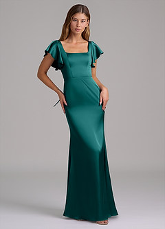 Azazie Elkie Robes de demoiselle d'honneur Robe Sirène en Satin extensible Col Carré Paon image5