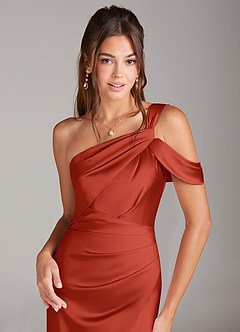 Azazie Wynter Bridesmaid Dresses Rust Sheath Off the Shoulder Stretch Satin Dress image5