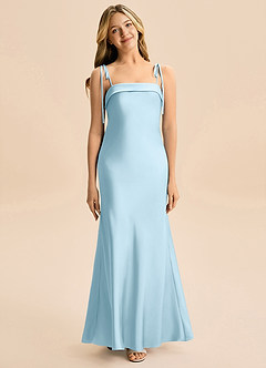 Azazie Willa Junior Vestido de Azul Cielo de Satén Elástico de Corte en A con Lazo image1