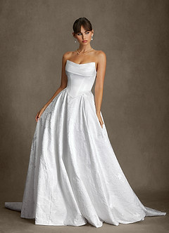 Azazie Ellie Wedding Dresses Diamond White A-Line Strapless Floral Jacquard Dress image2