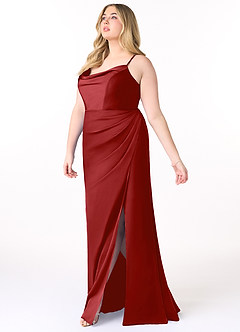 Azazie Marzia Bridesmaid Dresses Pomegranate Sheath Cowl Pleated Stretch Satin Dress image9