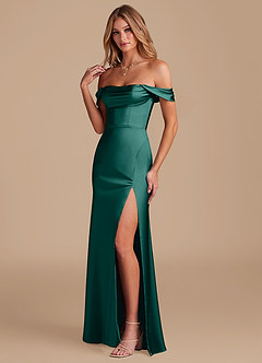 Azazie Saige Bridesmaid Dresses Pine A-Line Off the Shoulder Metallic Satin Convertible Dress image6