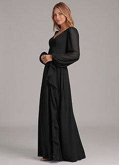 Azazie Simone At-home Try On Dresses Black A-Line Long Sleeve Chiffon Dress image6