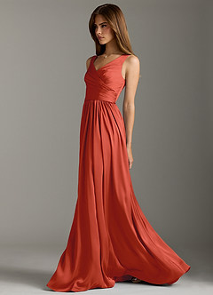 Azazie Keyla Bridesmaid Dresses Rust A-Line Pleated Stretch Satin Dress image7