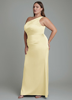 Azazie Akilah Bridesmaid Dresses Lemon Sorbet Mermaid One Shoulder Stretch Satin Dress image11