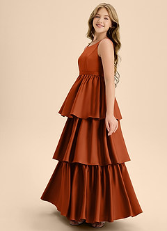 Azazie Meadowyn Junior Vestido de Naranja Quemada de Satén Elástico de Corte En A con Lazo image5