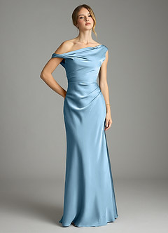 Azazie Emerson Bridesmaid Dresses Steel Blue Mermaid Off the Shoulder Stretch Satin Dress image1