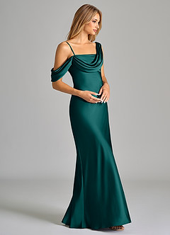 Azazie Celina Bridesmaid Dresses Peacock Sheath Off the Shoulder Stretch Satin Dress image6