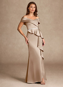 Azazie Dareia Mère de la mariée Robes Robe Sirène en Satin extensible Épaule décolletée Taupe image4