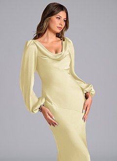 Azazie Melani Final Sale Lemon Sorbet Mermaid Long Sleeve Stretch Satin Dress image6