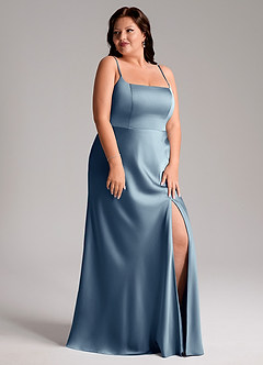 Azazie Lidia Abiti da Damigella Abito Sirena in Raso Elasticizzato Spacco Laterale Blu Polveroso image5