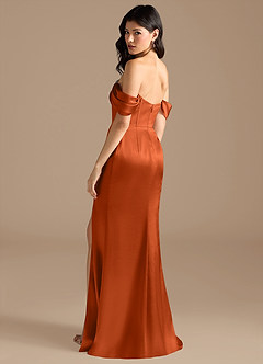 Azazie Lynden Bridesmaid Dresses Burnt Orange Sheath Off the Shoulder Metallic Satin Convertible Dress image4