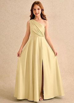 Azazie Puddles Girls Formal Jurken voor bloemenmeisjes A-lijn Jurk van Stretch Satijn One-shoulder Boter image5