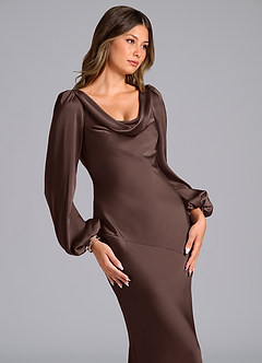 Azazie Melani At-home Try On Dresses Eucalyptus Mermaid Long Sleeve Stretch Satin Dress image6