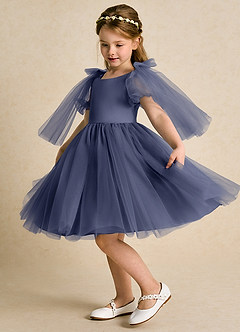 Azazie Duchess Robe Demoiselle D'honneur Fillette Robe Trapèze en Tulle avec manches Bleu Orageux image4