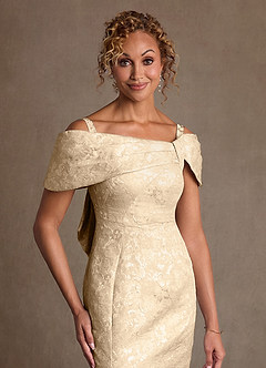 Azazie Zion Mother of the Bride Dresses Champagne Sheath Off the Shoulder Floral Jacquard Dress image5