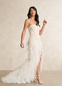 Azazie Ceresia Wedding Dresses Diamond White Champagne Sheath Sequins Tulle Dress image3