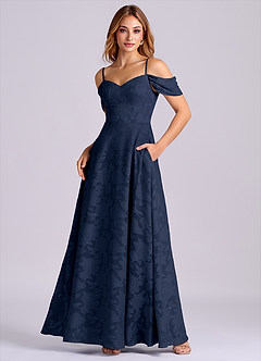 Azazie Marley Final Sale Dark Navy A-Line Off the Shoulder Floral Burnout Convertible Dress image1