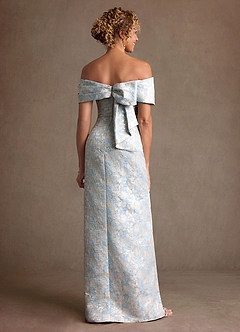 Azazie Zion Mother of the Bride Dresses Dusty Blue Sheath Off the Shoulder Floral Jacquard Dress image2