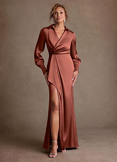 Azazie Jacinta Mère de la mariée Robes Robe Fourreau en Satin extensible Plissée Auburn image1