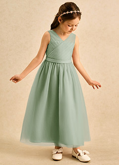 Azazie Lilium vestidos de niña de las flores Vestido de Salvia Polvorienta de Tul de Corte en A con Plisado image3