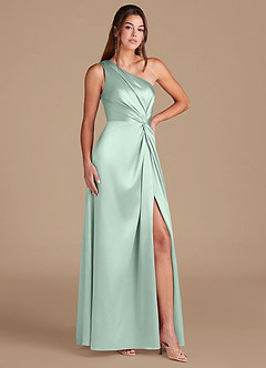 Azazie Brooke Bridesmaid Dresses Agave A-Line One Shoulder Metallic Satin Dress image3