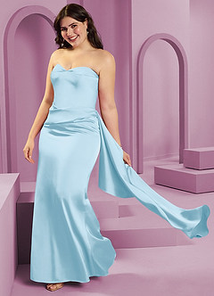 Barbie ♥ Azazie Vestidos de damas de honor Vestido de Azul Cielo de Satén Elástico de Corte Recto Convertible con Sin tirantes image14
